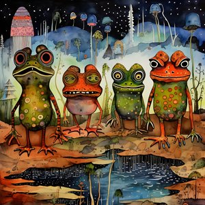 ganzseitige Aquarell- und Tuschemalerei von Fröschen