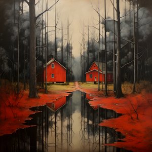 Zwei rote Häuser im Wald