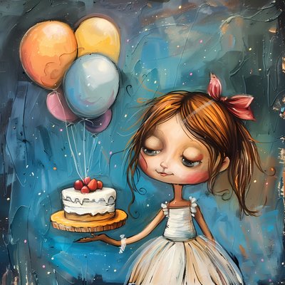 Ein Mädchen mit Geburtstagskuchen und Ballons von F. Abderrahim