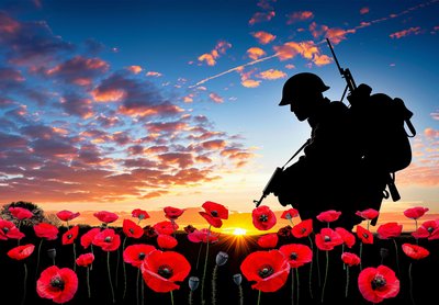 Silhouette eines Soldaten im Sonnenuntergang mit Mohnblumen von F. Abderrahim