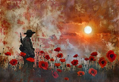 Silhouette eines Soldaten in einem Feld von Mohnblumen von F. Abderrahim