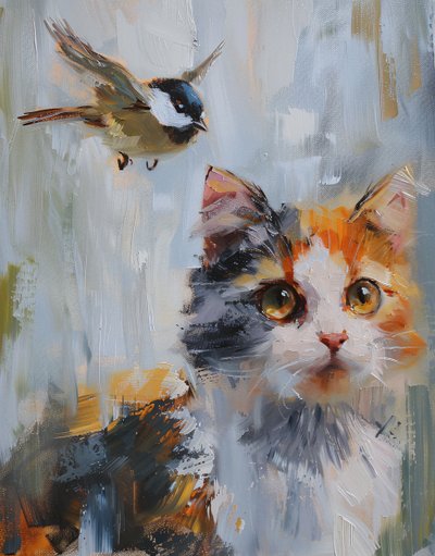 Abstraktes Ölgemälde: orange-graue Kaliko-Katze und Vogel, Wandkunstdrucke von F. Abderrahim