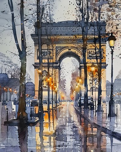 Aquarellgemälde: Champs Elysées Paris Frankreich im Winter von F. Abderrahim
