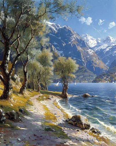 Berg- und Waldlandschaft mit einem ruhigen See von F. Abderrahim