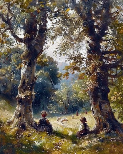 Kinder sitzen unter Bäumen im Wald von F. Abderrahim