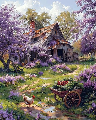 Traditionelles Bauernhaus umgeben von rosa Blumen von F. Abderrahim