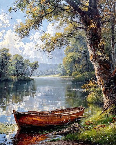 Ein Boot am Rand eines Flusses inmitten eines Waldes von F. Abderrahim