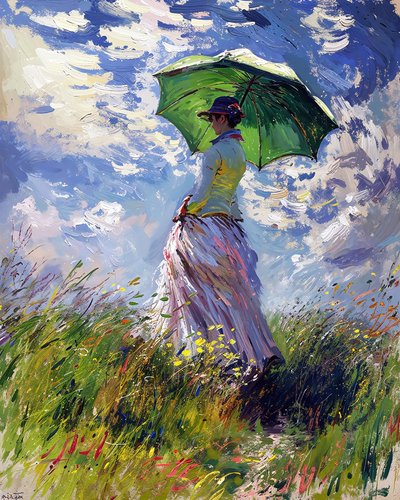 Frau im Kleid mit Regenschirm geht auf einem grünen Hügel im Frühling von F. Abderrahim