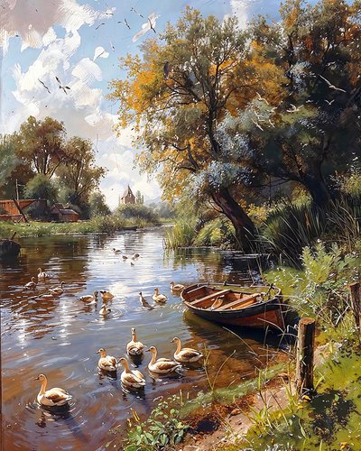 Ruhiger See, Vögel und Holzboot von F. Abderrahim