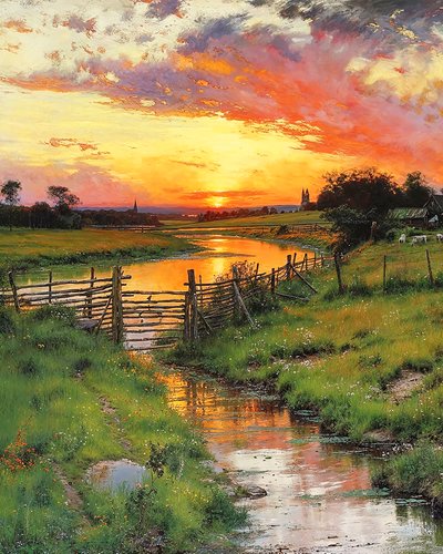 Sonnenuntergang über einem gewundenen Bach auf dem Land von F. Abderrahim