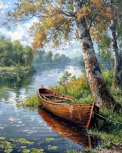 Schöne Landschaft mit einem Fluss und Boot von F. Abderrahim