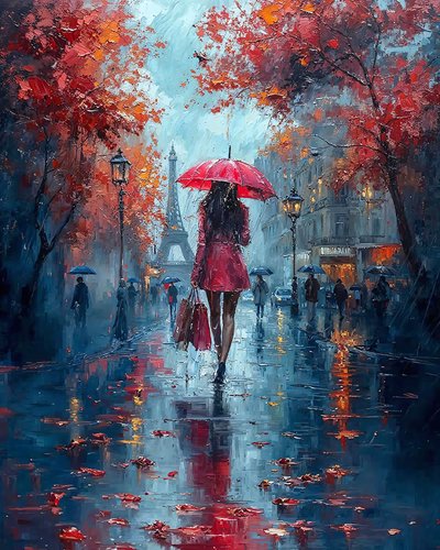 Elegante Dame mit Regenschirm auf einer Pariser Straße von F. Abderrahim