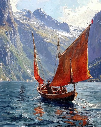 Ein Segelboot in einem Tal zwischen den Bergen von F. Abderrahim