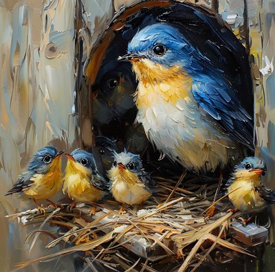 Ein bunter Vogel  sein Junges in einem Nest in einem Baum, Wanddekoration für Schlafzimmer von F. Abderrahim