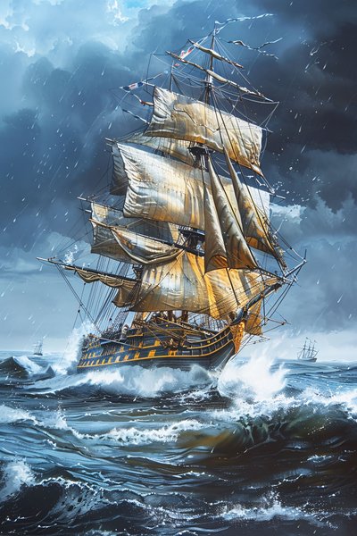 Ein Ölgemälde einer Fregatte mit vollen Segeln inmitten der Wellen einer rauen See von F. Abderrahim