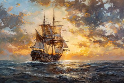 Ölgemälde Piratenschiff im Meer bei Sonnenuntergang, gerahmte Wanddekoration von F. Abderrahim