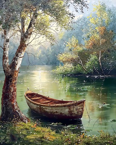 Altes Holzboot im Wasser sitzend Illustration, Wanddekoration Ideen von F. Abderrahim