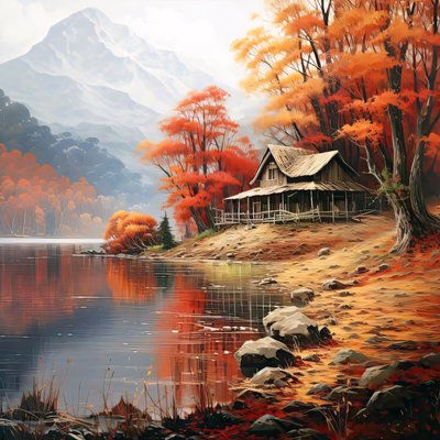 Gemälde von einer Hütte im Wald neben einem Fluss, Wanddekoration für Schlafzimmer von F. Abderrahim