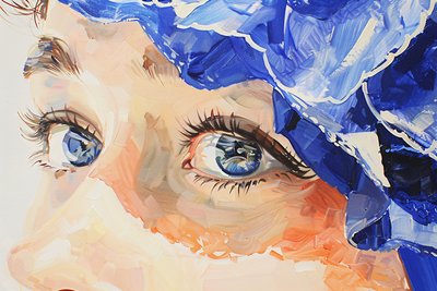 Realistische Ölmalerei cinematic indigo, Weibliche blaue Auge close up von F. Abderrahim
