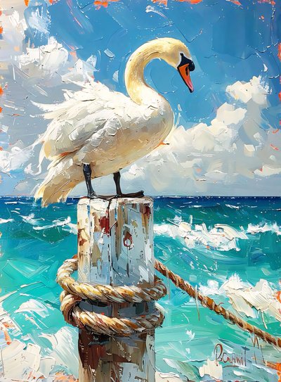 Weißer Zugvogel, Gänse am Meer, blaue Farben, Wanddekoration Ideen von F. Abderrahim