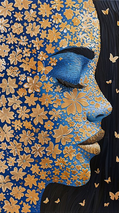Frau Gesicht, Goldfolie Robotic Rangoli Flower Power, Wanddekoration Ideen von F. Abderrahim
