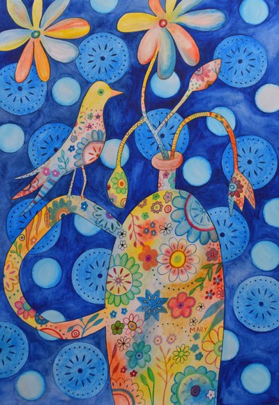 Vogel auf Blumenvase von Marys Watercolors