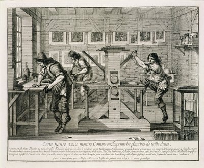 Französische Druckerpresse, 1642 von Abraham Bosse