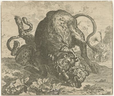 Leopard und Stier von Abraham Danielsz. Hondius