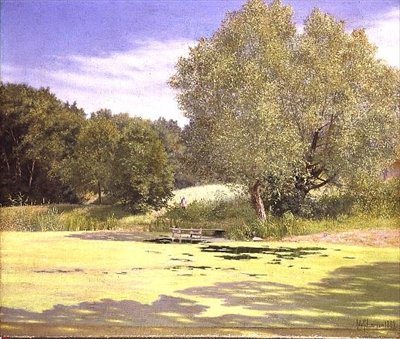 Ein Fischer verlässt einen Teich von Adolf Alfred Larsen