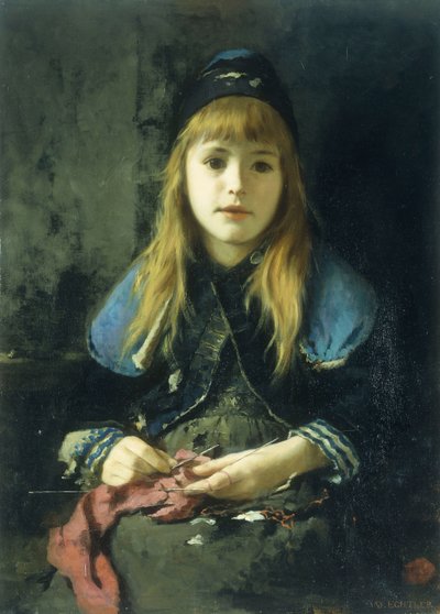 Ein junges Mädchen beim Stricken von Adolf Echtler
