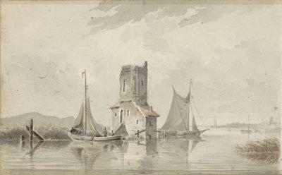 Flusslandschaft mit einem Turm von Adrianus Eversen