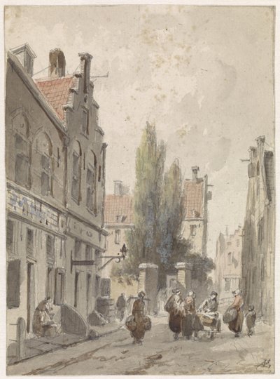 Stadtansicht mit einem Hausierer von Adrianus Eversen