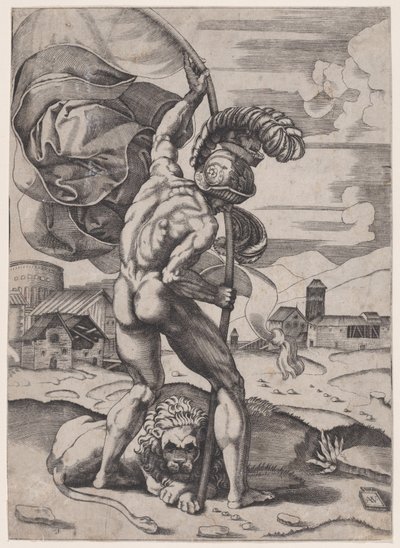 Mann mit einer Flagge, ca. 1514-36 von Agostino Veneziano