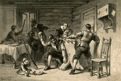 Puritaner verbarrikadieren ihr Haus gegen Indianer, 1877 von Albert Bobbett