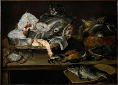 Stilleben mit Fischen, Meeresfrüchten, Geflügel und Katze von Alexander van Adriaenssen