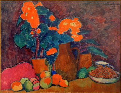 Stillleben mit Blumen, Obst und Flasche von Alexej von Jawlensky
