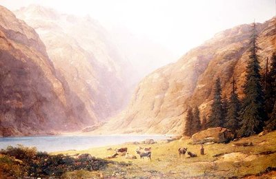 Eine bergige Seelandschaft mit Vieh von Alfred Chavannes