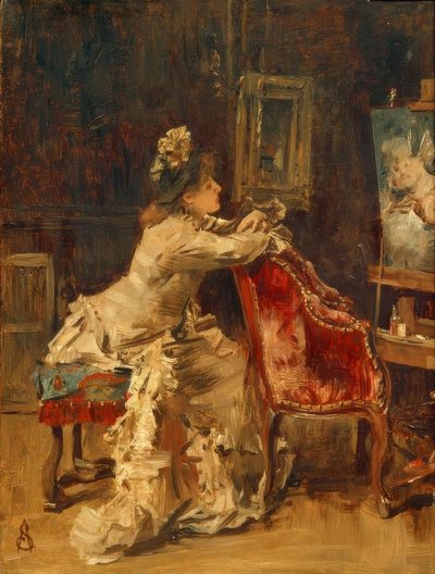 A. Stevens, Warten oder Das Atelier von Alfred Emile Stevens