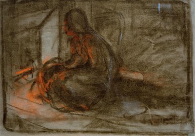 Vor dem Feuer sitzende Frau von Alphonse Mucha