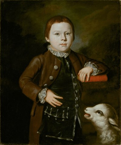 Junge der Familie Hallett mit Lamm von American School