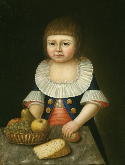 Junge mit einem Korb voller Früchte von American School