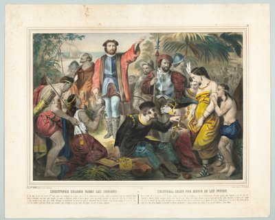 Christoph Kolumbus unter den Indianern (Farblithografie) von American School