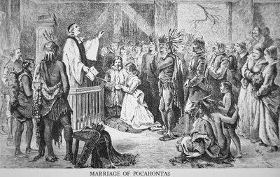 Die Hochzeit von Pocahontas (ca.1595-1617) 1614 (Gravur) von American School