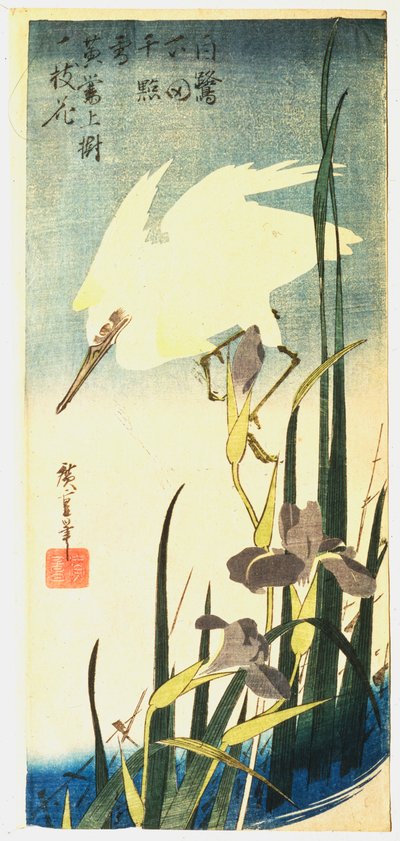 Weißer Reiher und Schwertlilien von Ando Hiroshige