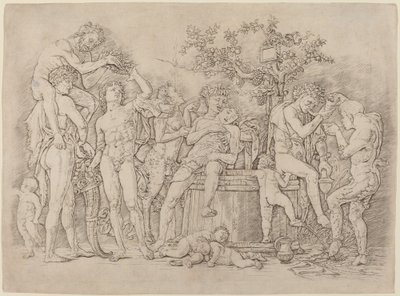 Bacchanal mit Weinfass von Andrea Mantegna