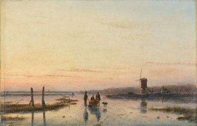Windmühle an einem zugefrorenen Fluss von Andreas Schelfhout