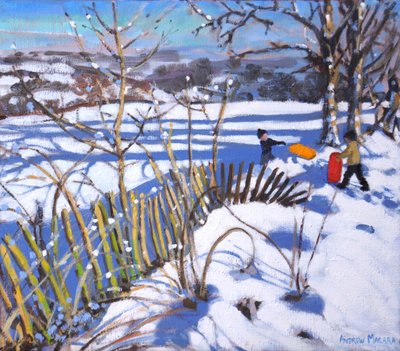 Rote und orange Schlitten, Derbyshire, 2017 von Andrew Macara