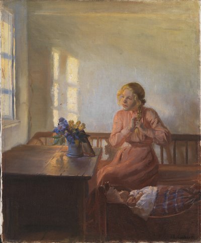 Ein junges Mädchen flechtet ihr Haar von Anna Ancher