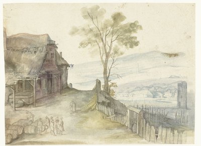 Landschaft mit einem Gasthaus und einem Zaun von Anonymous