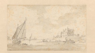 Flusslandschaft mit Schloss (Loevestein?) von Anonymous